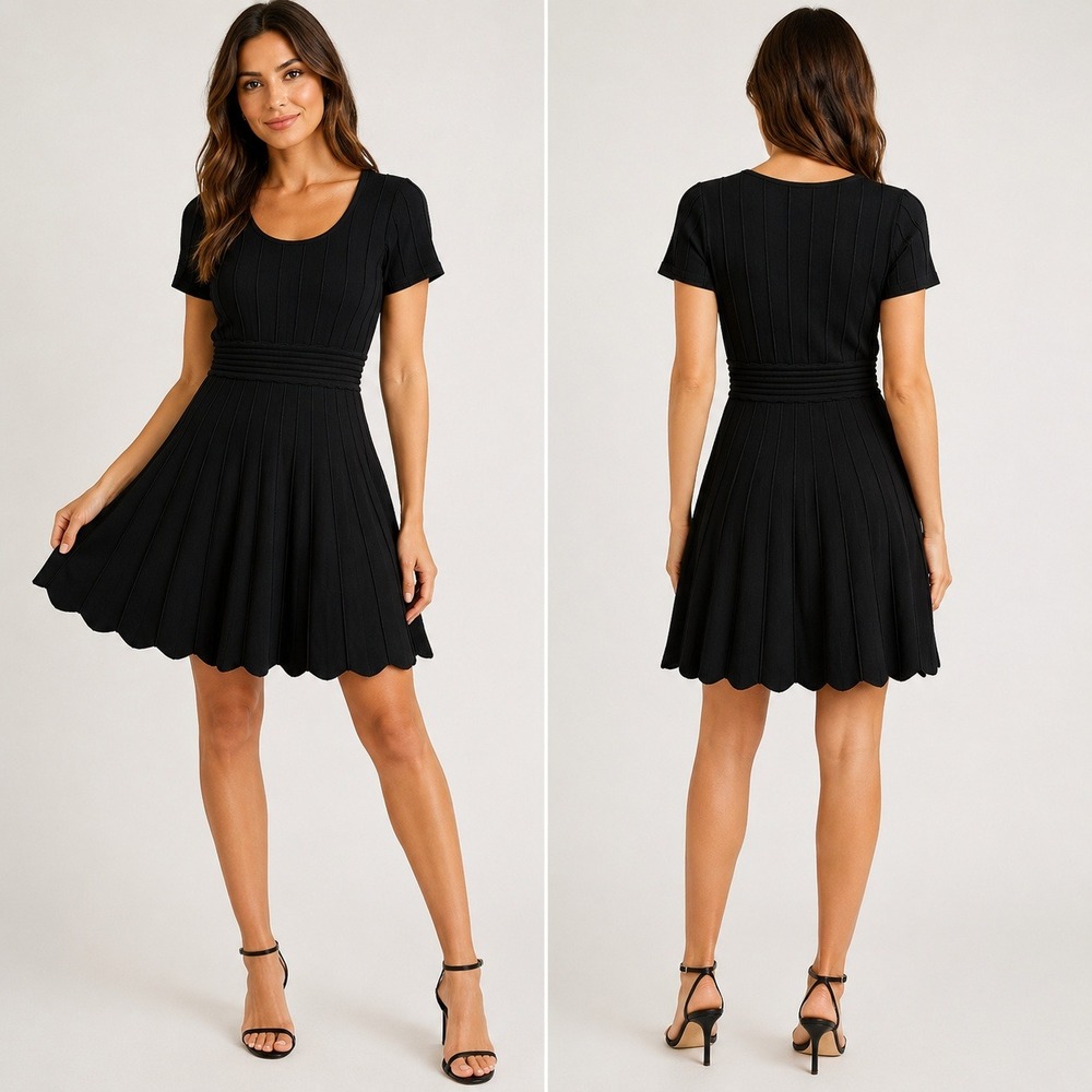 Shoshanna Black Ribbed‎ Knit Fit and Flare Dress Short Sleeve Scalloped Waist S